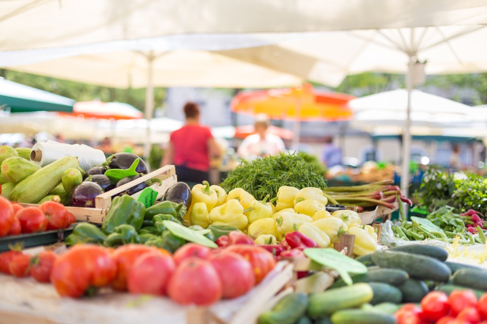 Farmers' food market stall with variety of organic vegetable